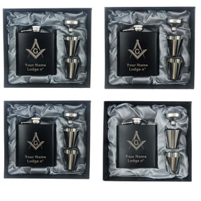 Master Mason Blue Lodge Flask - 2 Shot Glasses & Funnel - Bricks Masons