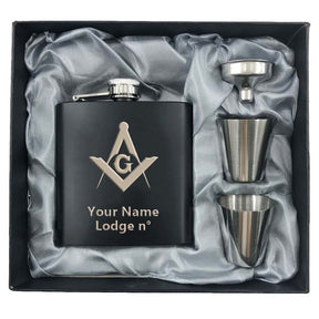 Master Mason Blue Lodge Flask - 2 Shot Glasses & Funnel - Bricks Masons