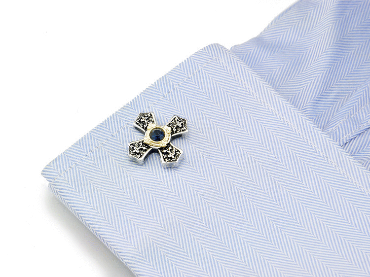 White Gold Electroplated Crystal Rhinestone Cross Cufflinks - Bricks Masons