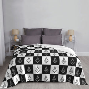 Master Mason Blue Lodge Blanket - Checkered Square and Compass G Coral Fleece - Bricks Masons