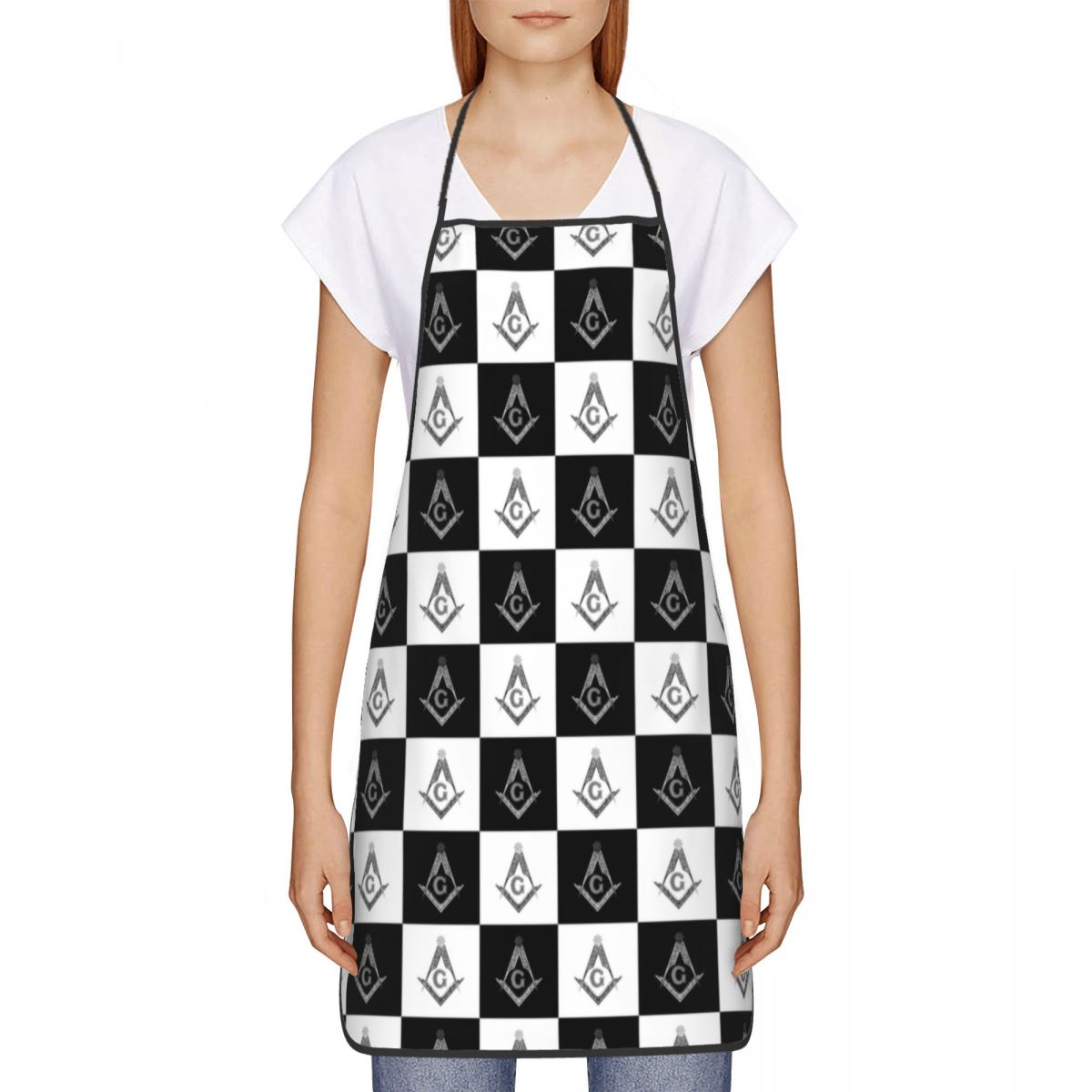 Master Mason Blue Lodge Kitchen Apron - Checkered Square and Compass G - Bricks Masons
