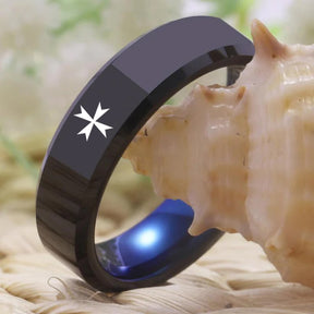 Order of Malta Commandery Ring - Black With Blue Tungsten - Bricks Masons