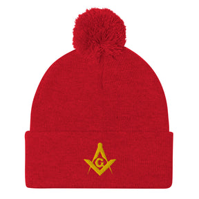 Master Mason Blue Lodge Beanie - Pom Pom in Red for Christmas - Bricks Masons