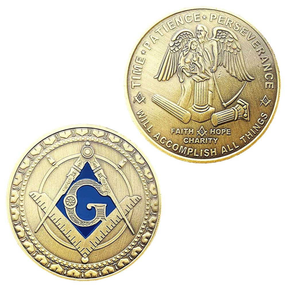 Master Mason Blue Lodge Coin - Faith Hope Charity Square Compass G Iron Copper Blue Plated - Bricks Masons